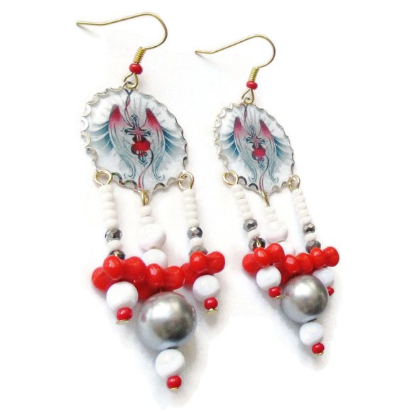 Red White Grey Goth Earrings Handmade Red Wings & Crucifix Gothic Style - Picture 4 of 8